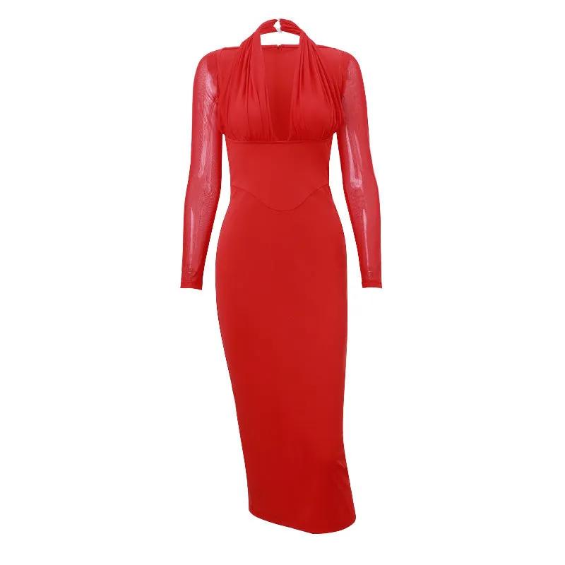 Teresa Halter Deep V Neck Sexy Midi Dress