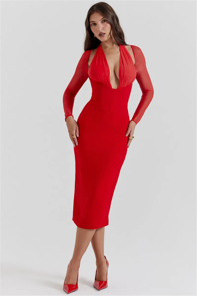 Teresa Halter Deep V Neck Sexy Midi Dress