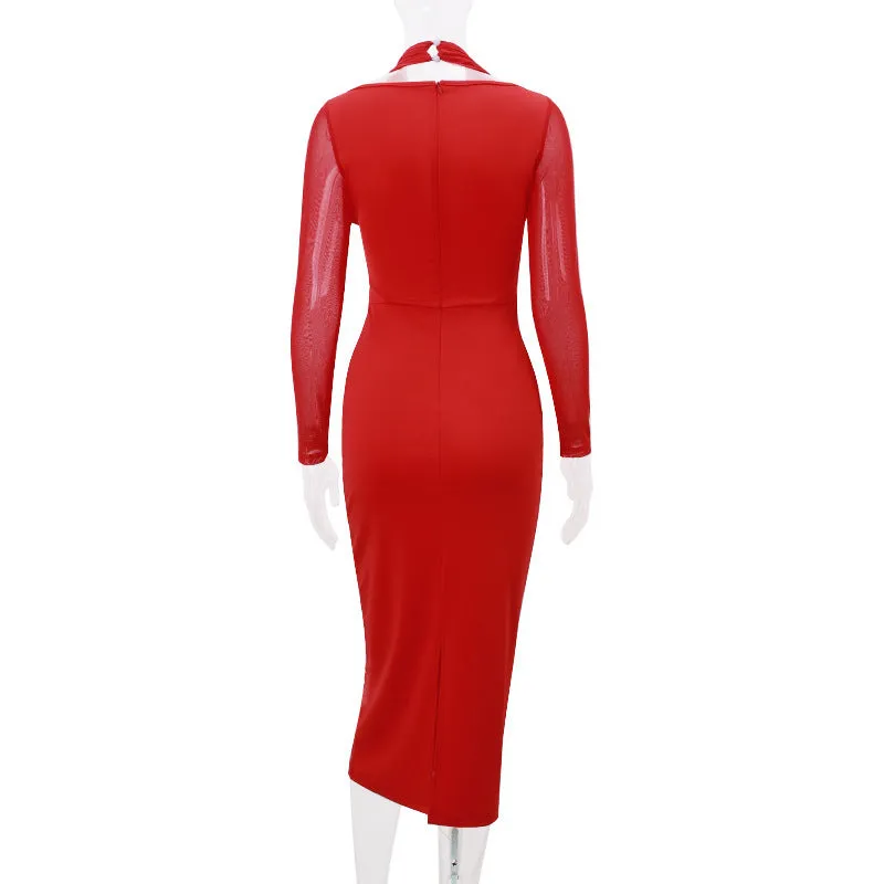 Teresa Halter Deep V Neck Sexy Midi Dress