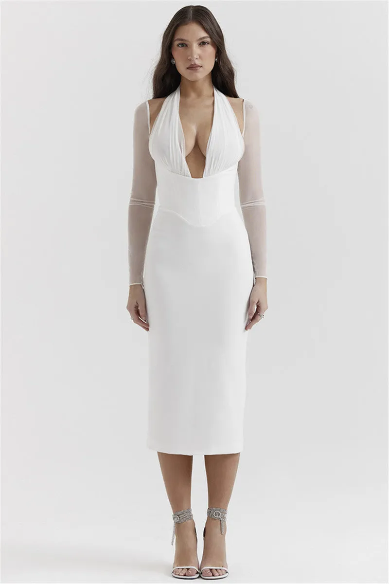 Teresa Halter Deep V Neck Sexy Midi Dress