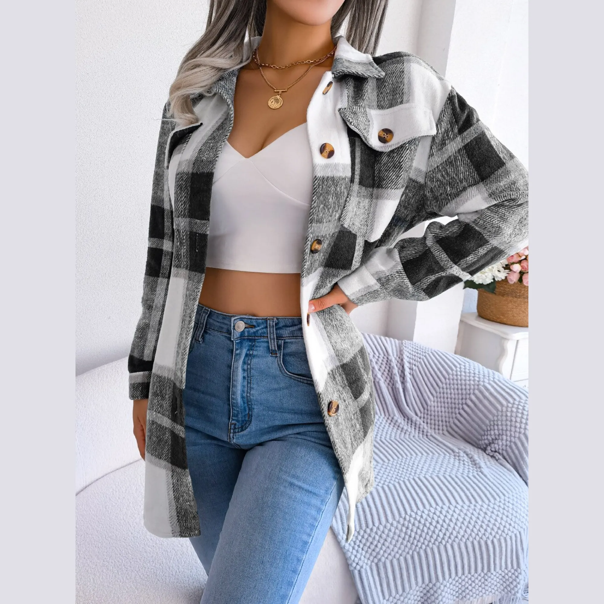 Vivian - Black Plaid Belted Long Sleeves Coat