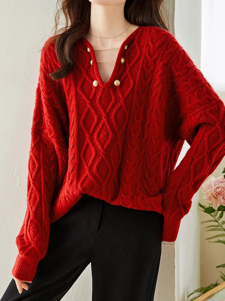 Wenkouban-Christmas Thanksgiving outfits_Gentle Temperament V-Neck Casual Autumn Winter Red Christmas Sweater