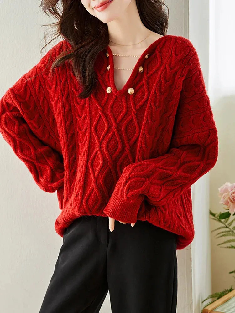 Wenkouban-Christmas Thanksgiving outfits_Gentle Temperament V-Neck Casual Autumn Winter Red Christmas Sweater