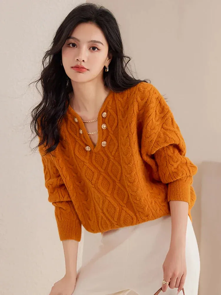 Wenkouban-Christmas Thanksgiving outfits_Gentle Temperament V-Neck Casual Autumn Winter Red Christmas Sweater