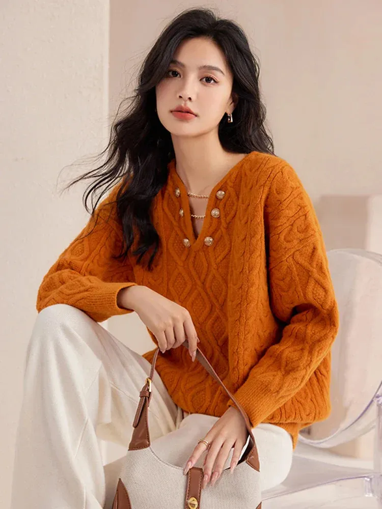 Wenkouban-Christmas Thanksgiving outfits_Gentle Temperament V-Neck Casual Autumn Winter Red Christmas Sweater
