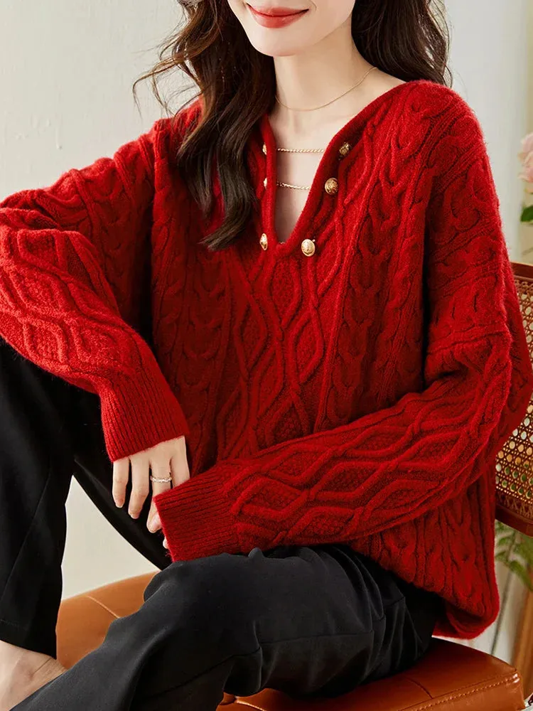 Wenkouban-Christmas Thanksgiving outfits_Gentle Temperament V-Neck Casual Autumn Winter Red Christmas Sweater