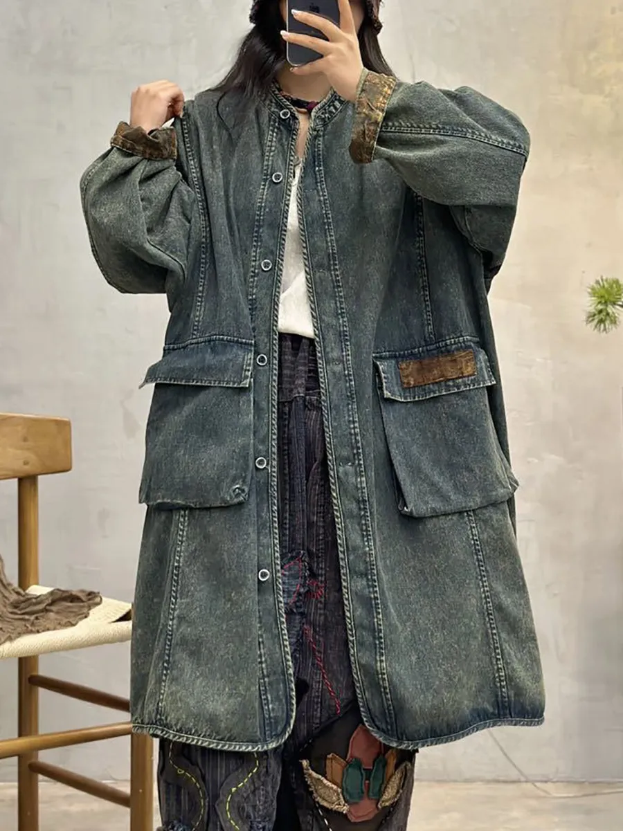 Women Spring Vintage Spliced Denim Long Coat