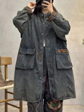 Women Spring Vintage Spliced Denim Long Coat