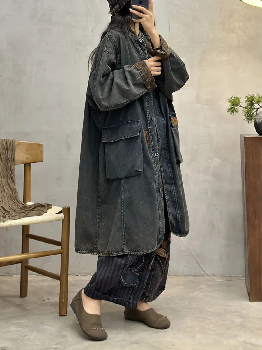 Women Spring Vintage Spliced Denim Long Coat