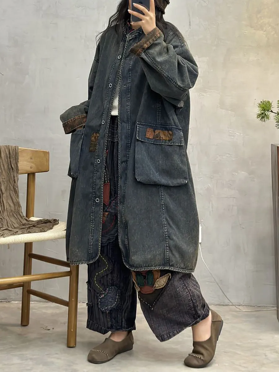 Women Spring Vintage Spliced Denim Long Coat