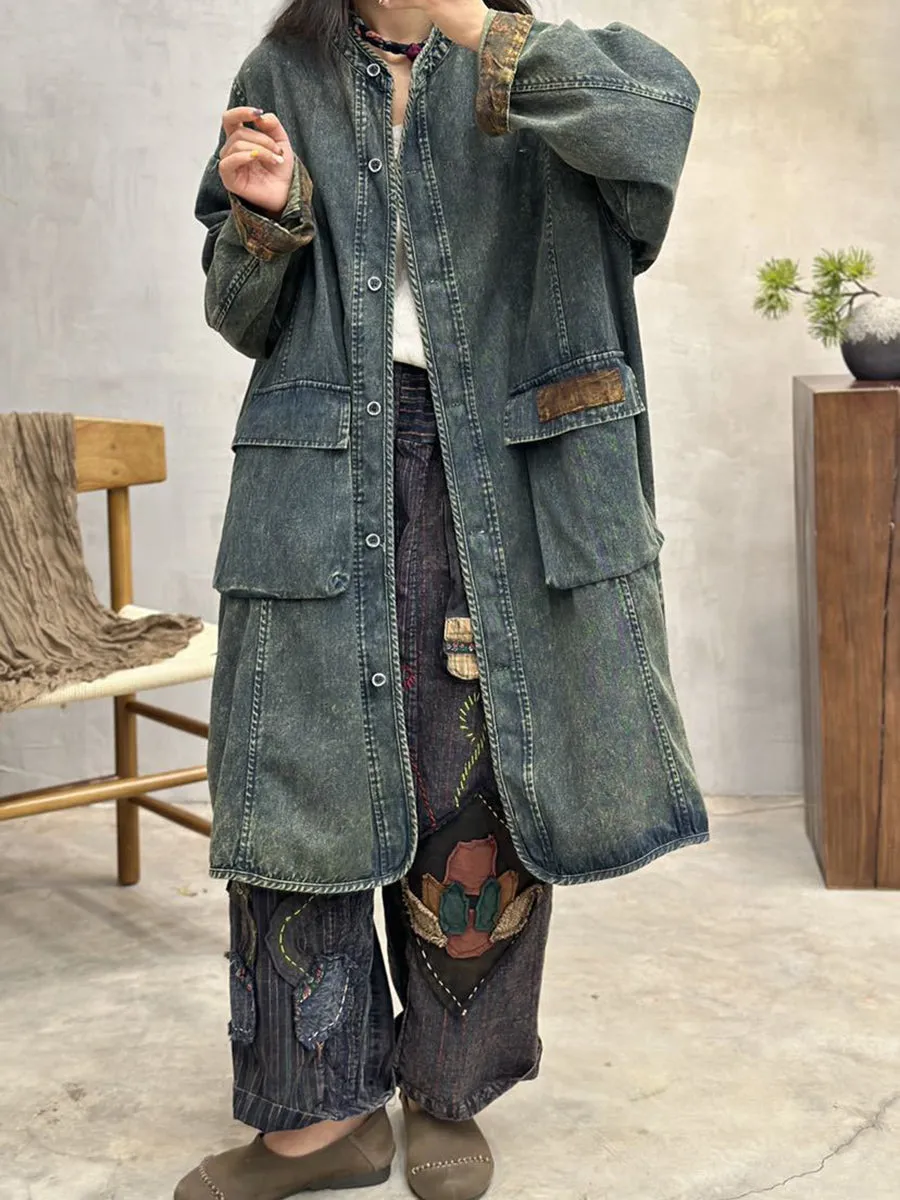 Women Spring Vintage Spliced Denim Long Coat
