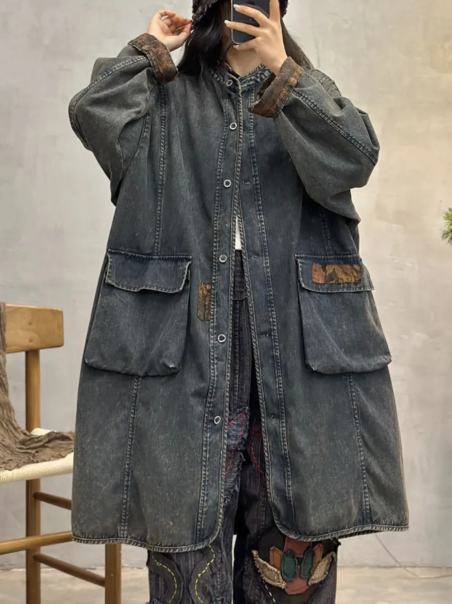 Women Spring Vintage Spliced Denim Long Coat