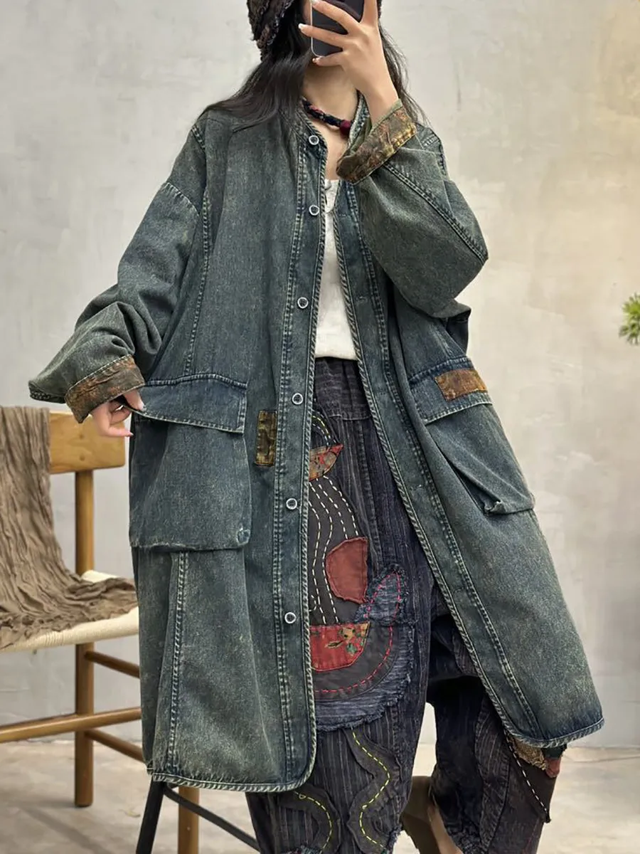 Women Spring Vintage Spliced Denim Long Coat