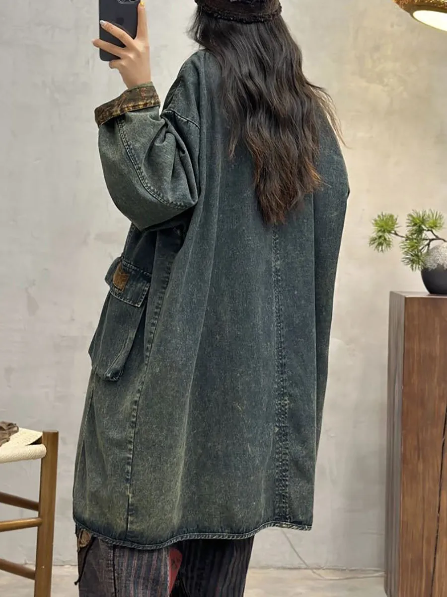 Women Spring Vintage Spliced Denim Long Coat