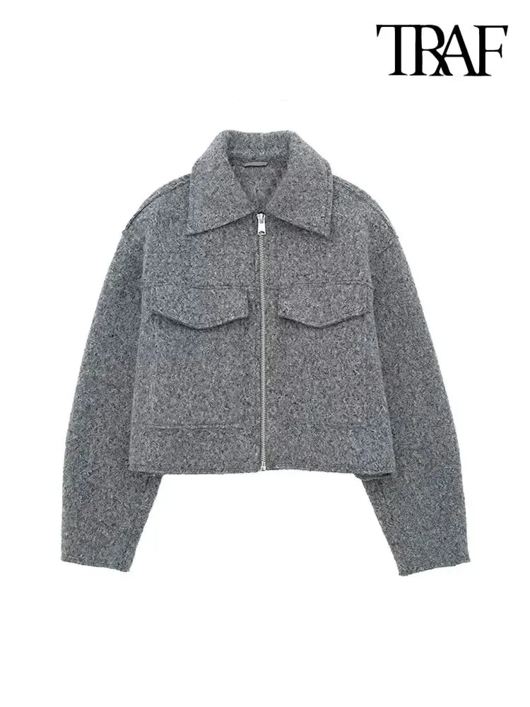 Women's Patch Pockets Cropped Long Sleeve Front Zipper Jacket