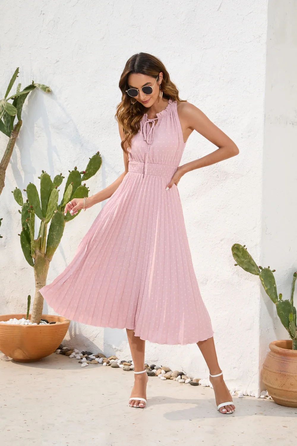 Women's Sleeveless V-Neck Pleated Midi Dress in 7 Colors S-XXL