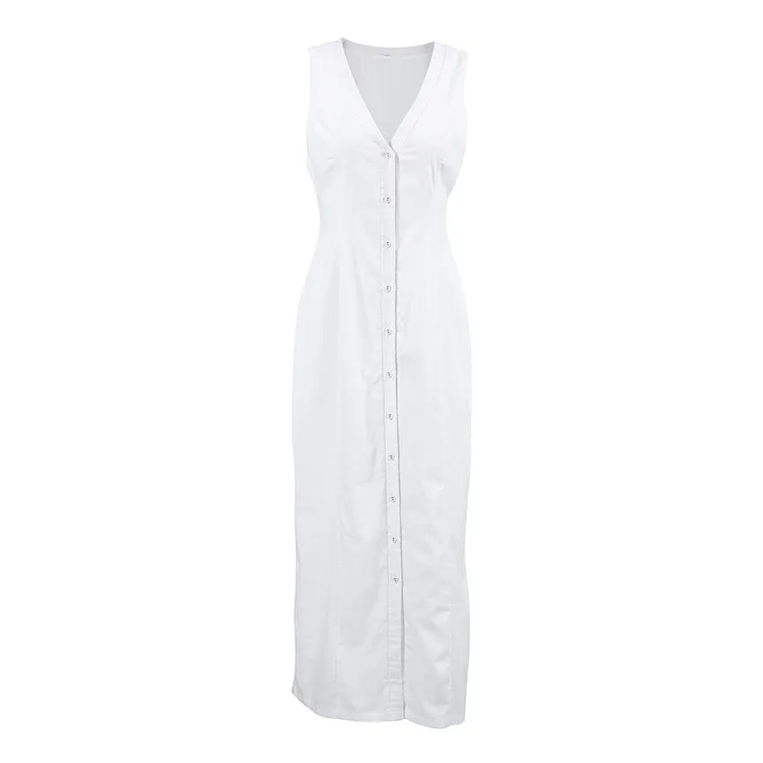 Women's Summer Sexy White V-Neck Cotton Split Sleeveless Dress