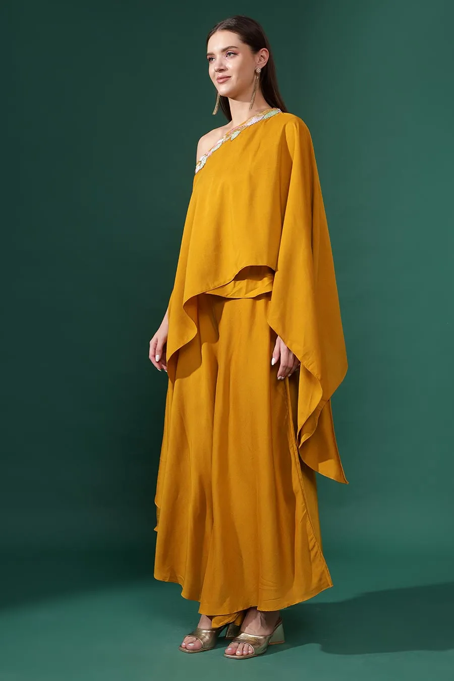 Yellow One-Shoulder Tunic & Flared Pant Set