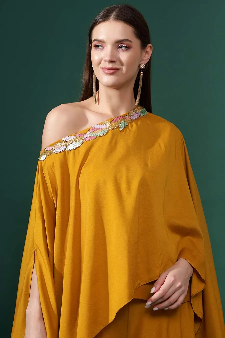 Yellow One-Shoulder Tunic & Flared Pant Set