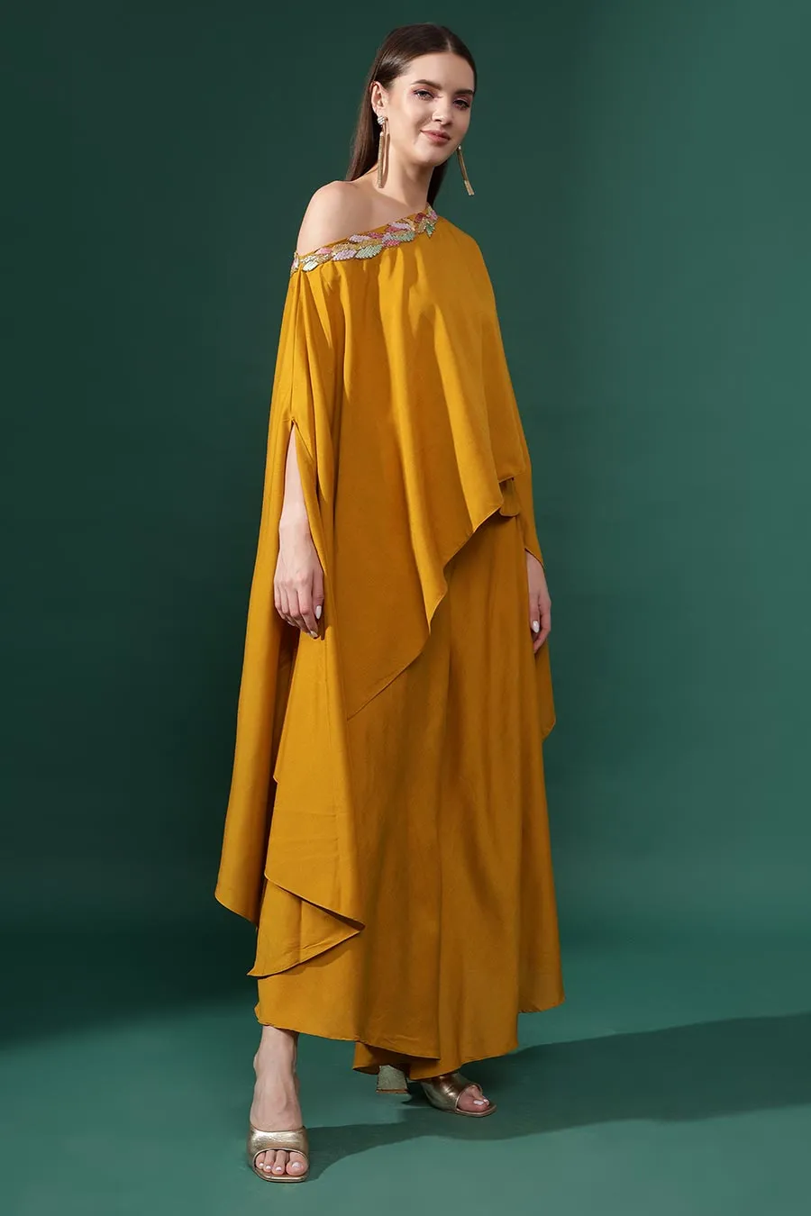 Yellow One-Shoulder Tunic & Flared Pant Set