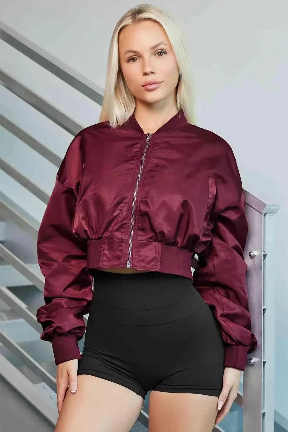 Zip-Up Ruched Cropped Jacket