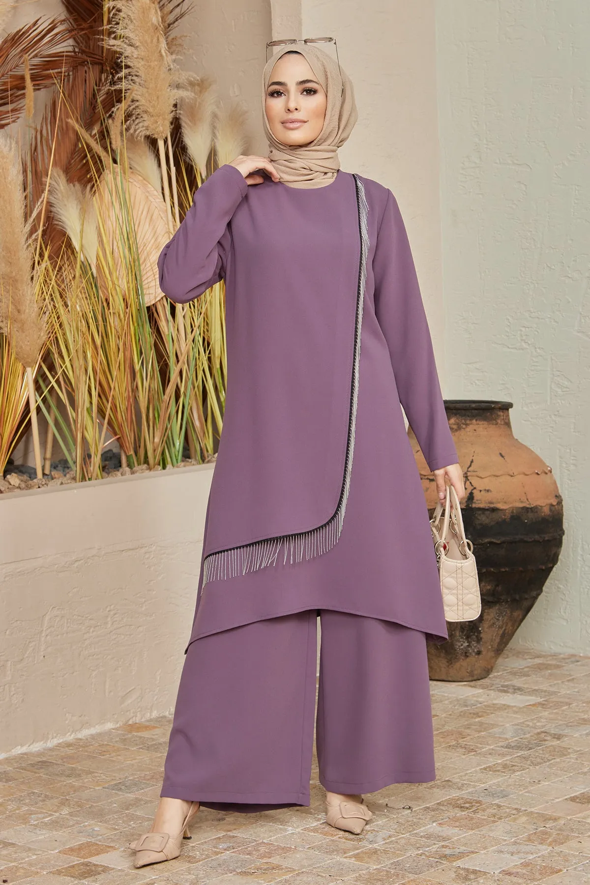 ZRF Women Chain Detailed Tunic Pants Set - Lilac - Parla